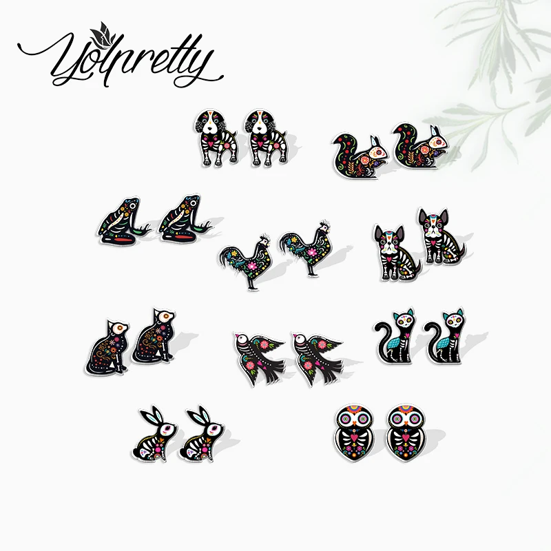 2022 New Arrival Fashion Mexican Sugar Skull Animals Graffiti Epoxy Stud Earrings Handcraft Acrylic Resin Earrings