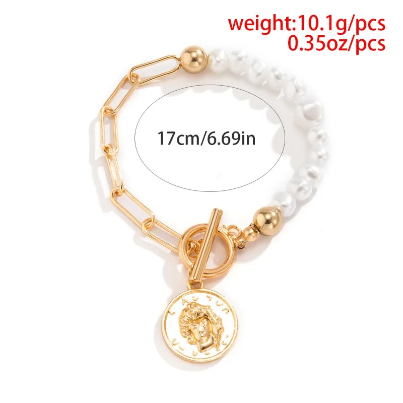 2024 Valentine's Day Gift for Girlfriend Kpop Vintage Metal Portrait Tag Bracelet Cold Wind Rice Grain Pearl Hand Jewelry Female