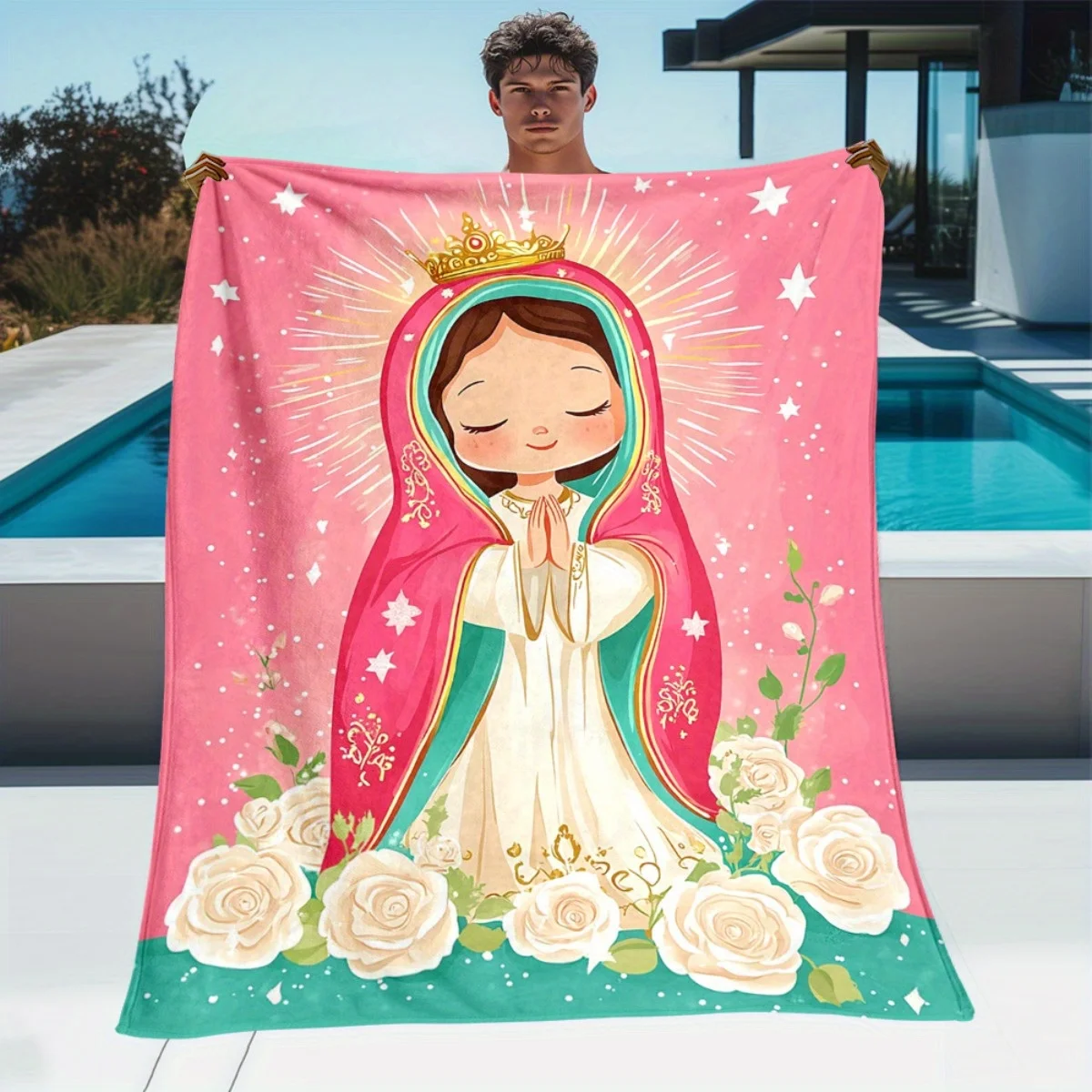 Cute Cartoon Virgin Mary White Rose Star Pink Base Print Blanket, Light Flannel Throw For Couch Room, Sacred Lovely Blanket