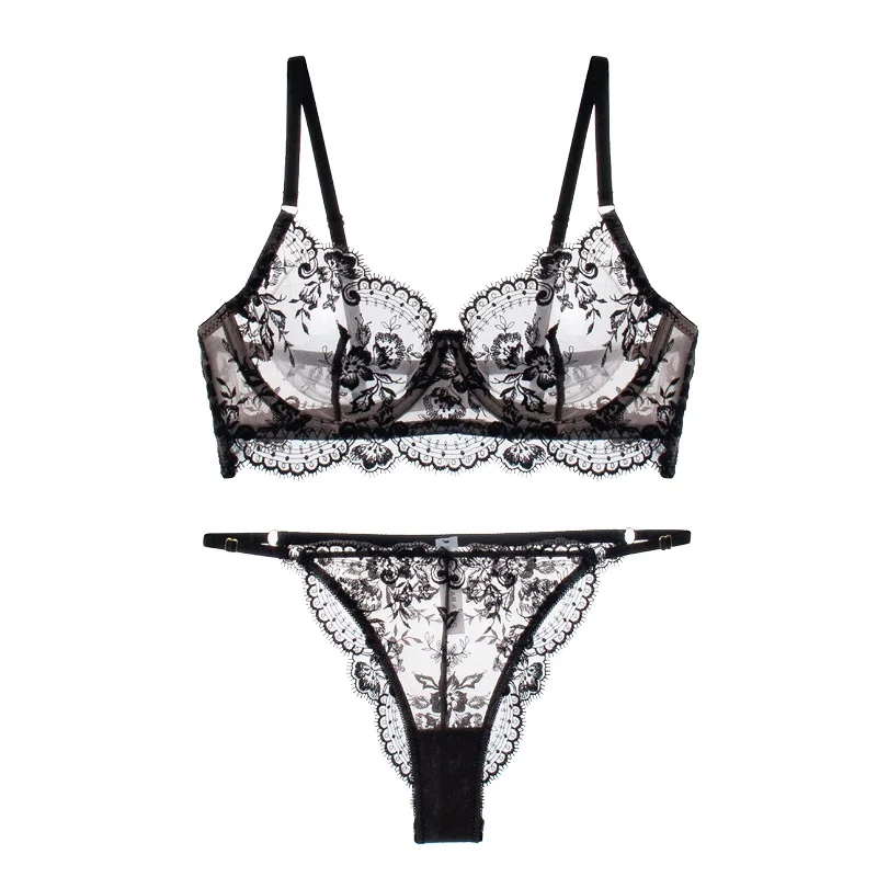 Rose Lace Mesh Embroidery Lingerie Gathering Sexy Bra Set Women Push Up Underwear Sets Комплект сексуального белья