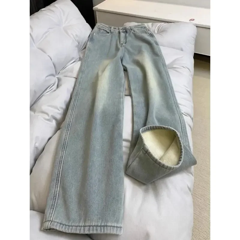 Light Blue  High Waist Straight Leg Jeans Women's Fleece Lined Loose Fit Long Trousers American High Street Style Winter Fashion