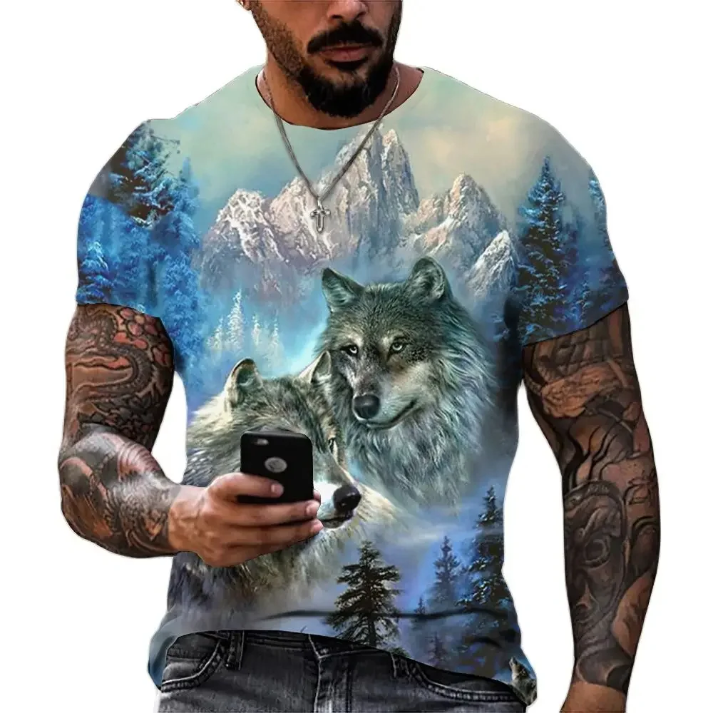 2024 Men\'s 3D Graffiti Wolf King Pattern T-shirt, Casual Cool Micro Stretch Breathable T-shirt, Outdoor Spring/Summer Men\'s Wear