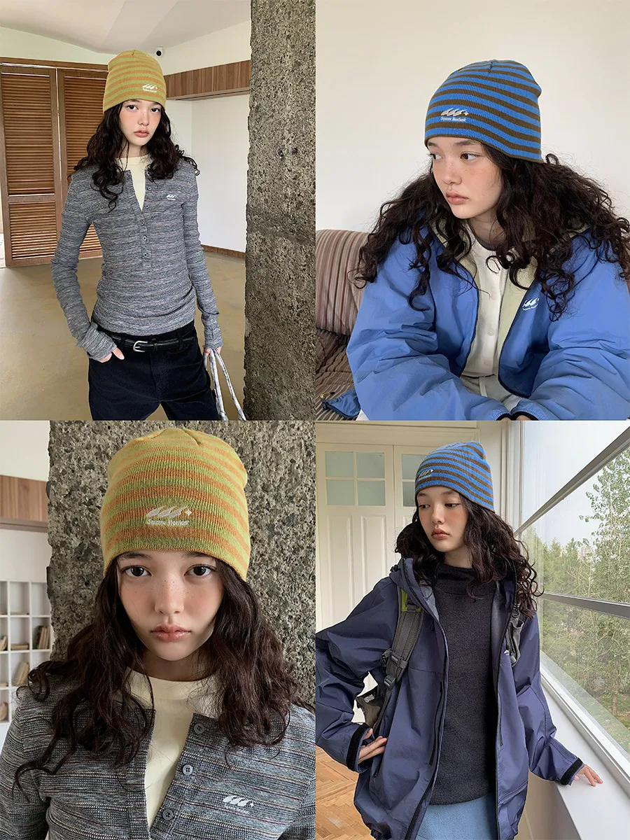 Outdoor Warm Ear Protection Hat Autumn Winter Stripe Color Block Logo Embroidery Knitted Cold Cap Fashionable Square Hole Design