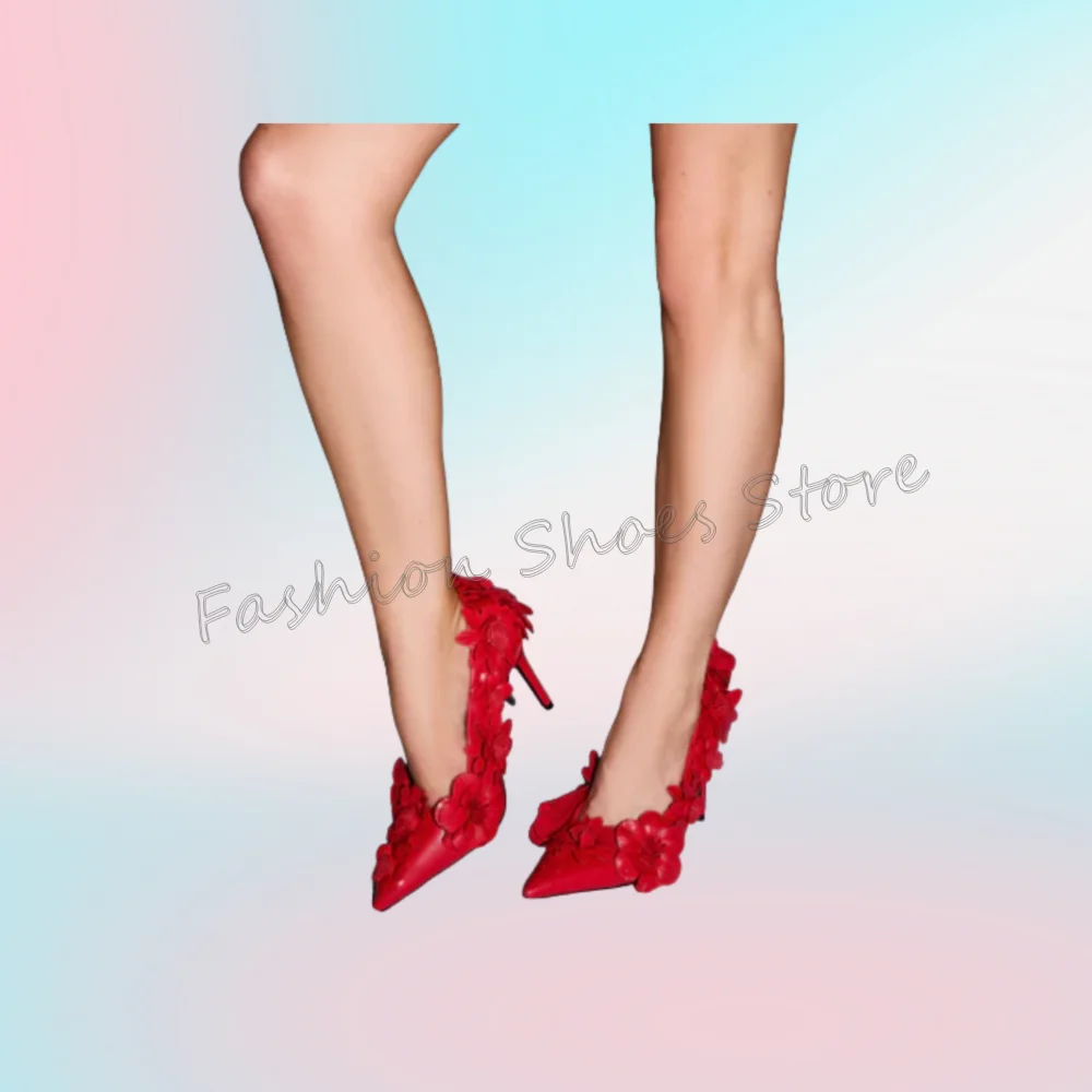 

Red Flowers Decor Pointed Toe Pumps Matte Leather Women Shoes Stilettos High Heels Party Banquet Dating 2025 Zapatos Para Mujere