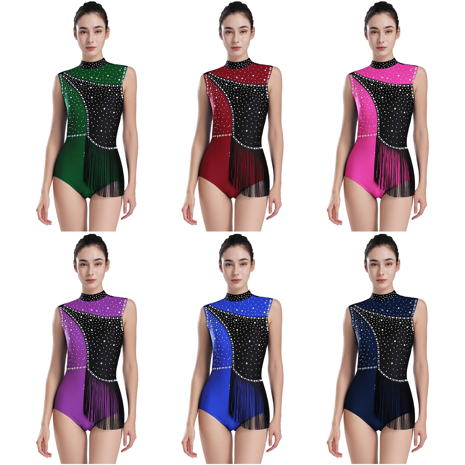 

Womens Figuring Skating Bodysuit Glittery Rhinestones Back Hollow Out Tassel Waist One-piece Leotard for Gymnastics Ballet Dance