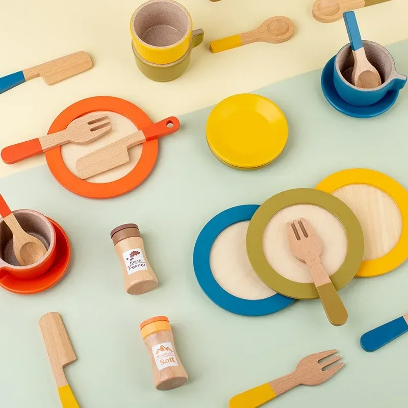 Assiettes de cuisine en bois, 26 pièces, plats Montessori, tasses de couleur assortie, jeu de Simulation pour enfants, ensemble d'assiettes à couverts pour enfants