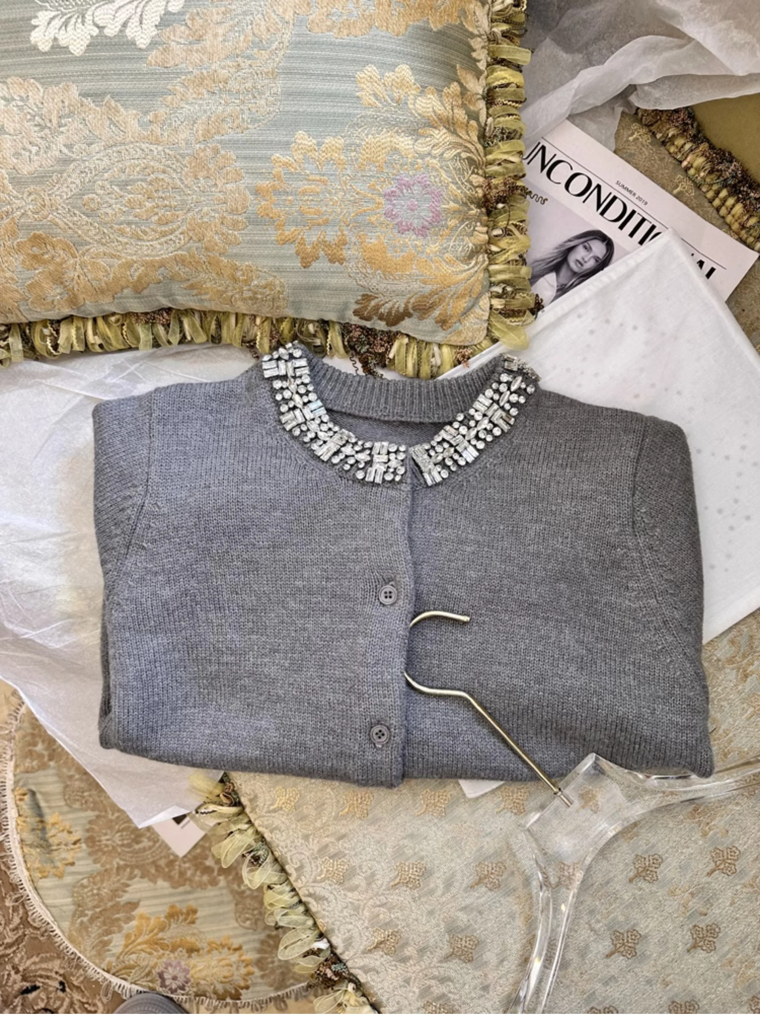 2023 Autumn Winter Women\'s Knitted Tops Rhinestone Heavy Industry Gray Feminine Long Sleeve Sweaters Girl Cardigan Knitwears