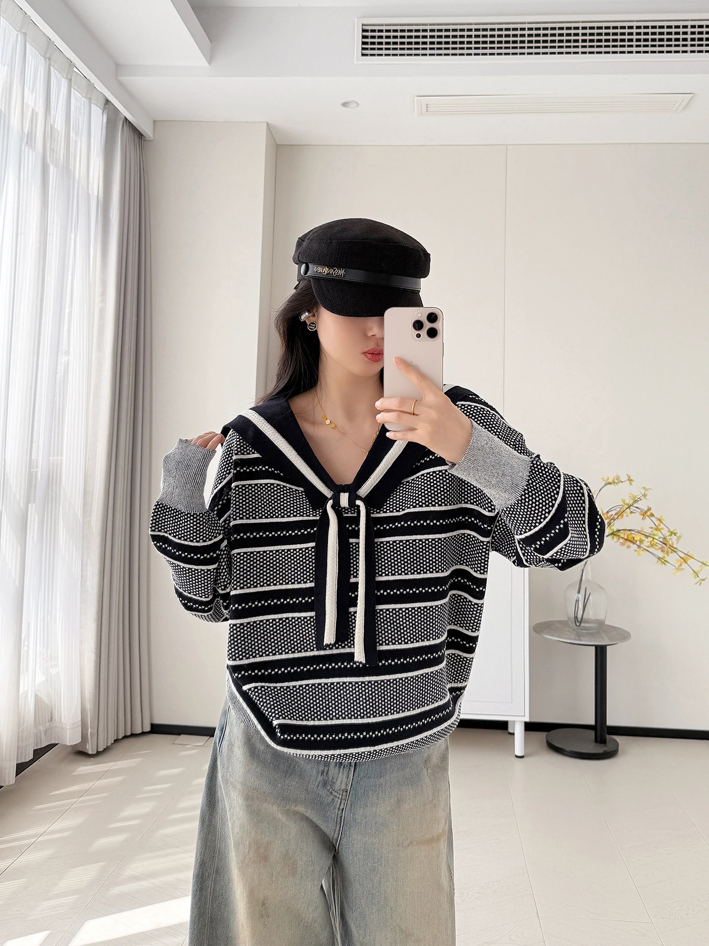 

Loose Long Sve Women's Knitted Sweater round Ne Pullover Slimming Navy Stripe Lenzing Rayon Knitwear Casual Autumn Top