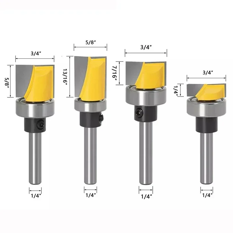 

4pcs Trim Router Bit Set - 1/4" 6mm Shank 5 Pattern/Template Woodworking cutter Tenon Cutter for Tools
