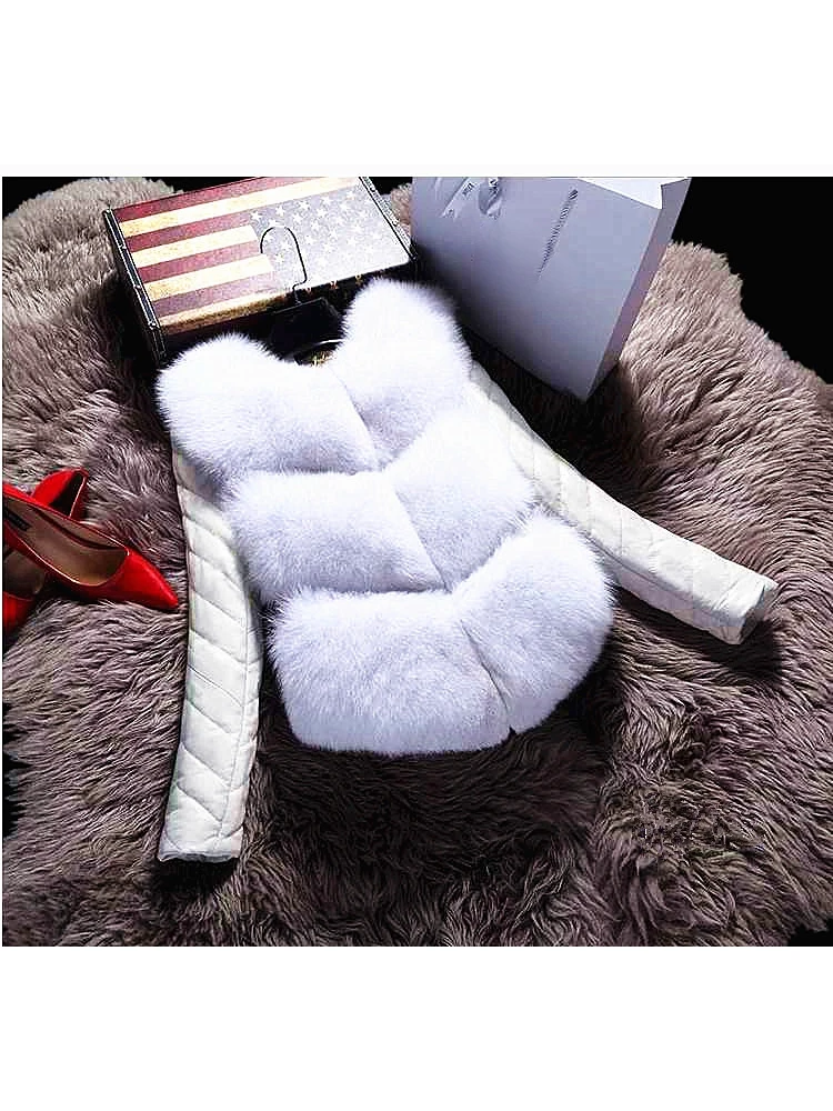 Kurtka europejska amerykańska modna miejska ze sztucznego futra, łączona ze skóry PU, złota, camel, wykwintna, elegancka, do pracy, wygodna, ciepła, na randkę