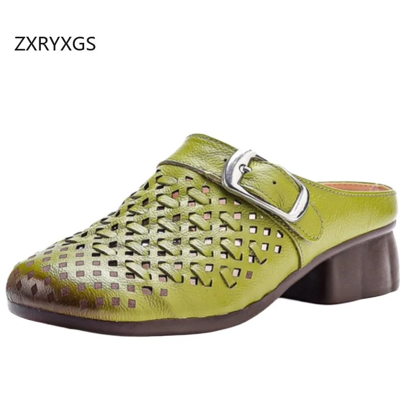 ZXRYXGS Promotion Top Layer Cowhide Leather Slippers Flat 2026 New Summer Round Toe Hollow Outerwear Slippers Women's Slippers