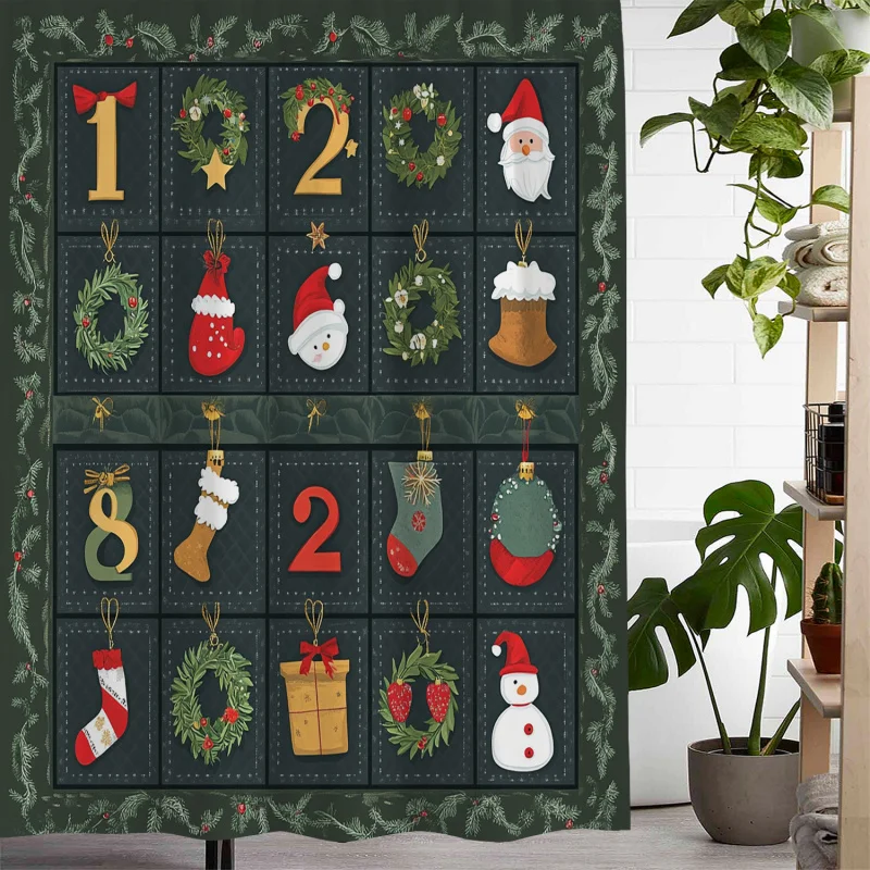 Vintage Christmas Advent Calendar & Festive Florals Woven Polyester Bath Drapery, Machine Washable, Water-Resistant with 12 Hook