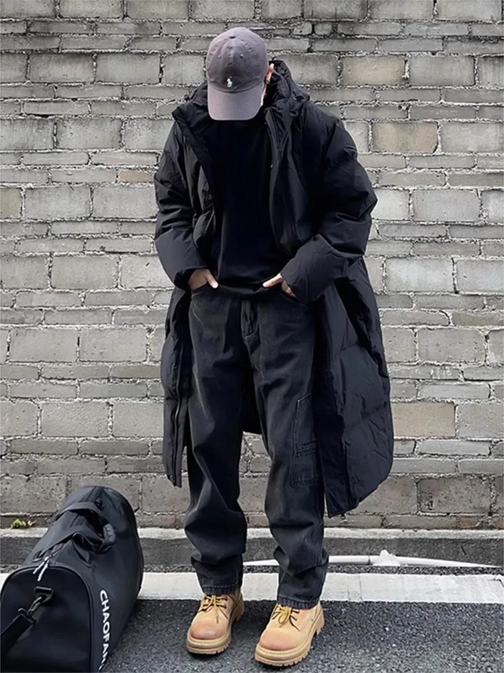 Black Hooded Mid Length Cotton Jacket with Padded Men in Winter Thickened Over The Knee Northeast Cold Resistant Coat Parkas