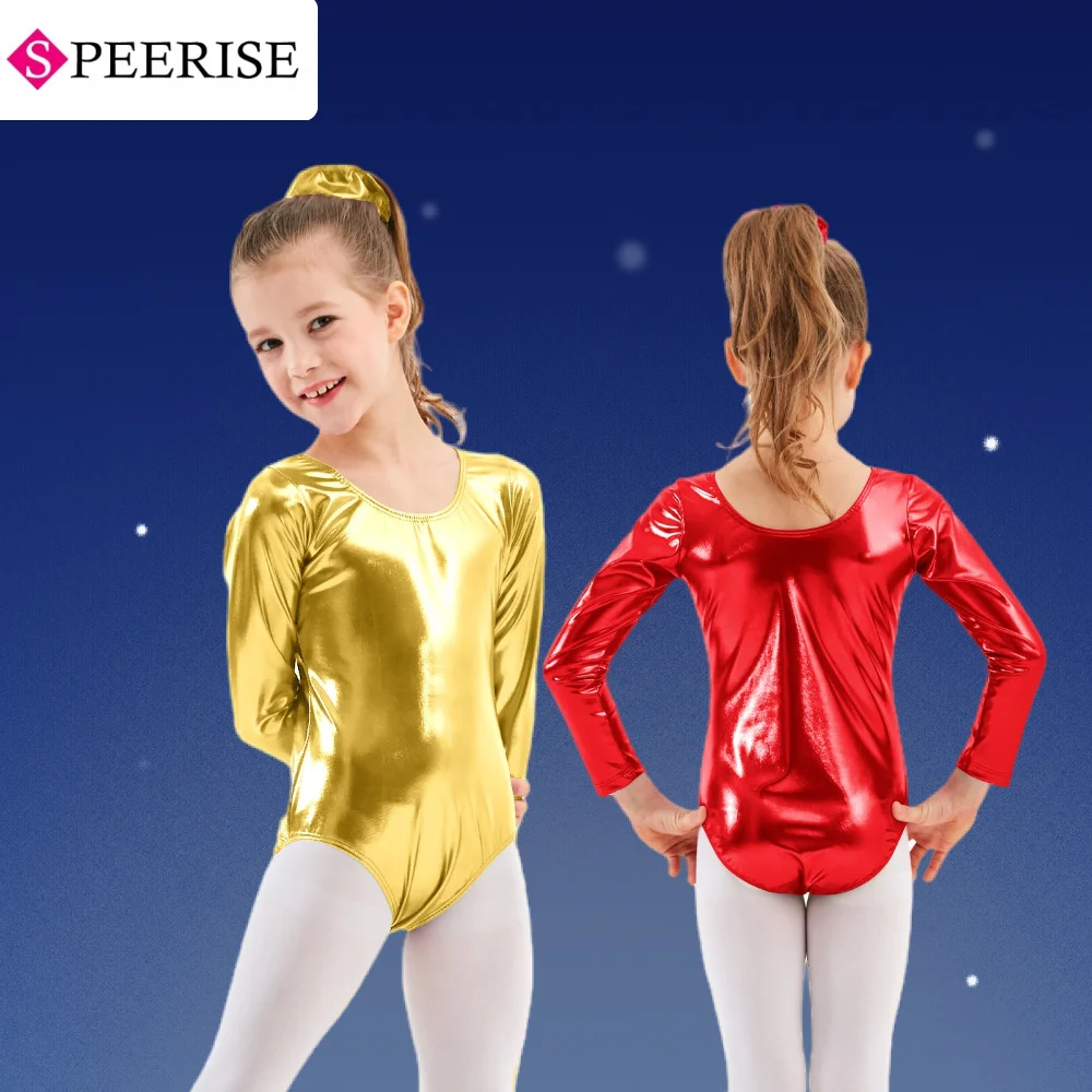 

Kids Scoop Neck Shiny Metallic Spandex Leotard Long Sleeve Gymnastics Bodysuit Stage Performance Costumes Halloween Cosplay Suit