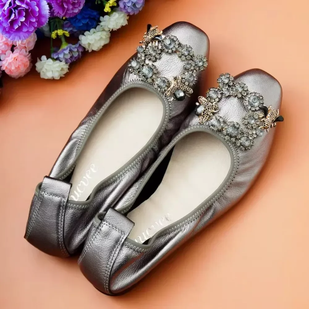 Rhinestone Party Shoes Fashion Women Shoes Flats Portable Fold Up Bridal Prom Ballerinas Flat Shoes Roll Up Foldable Ballets