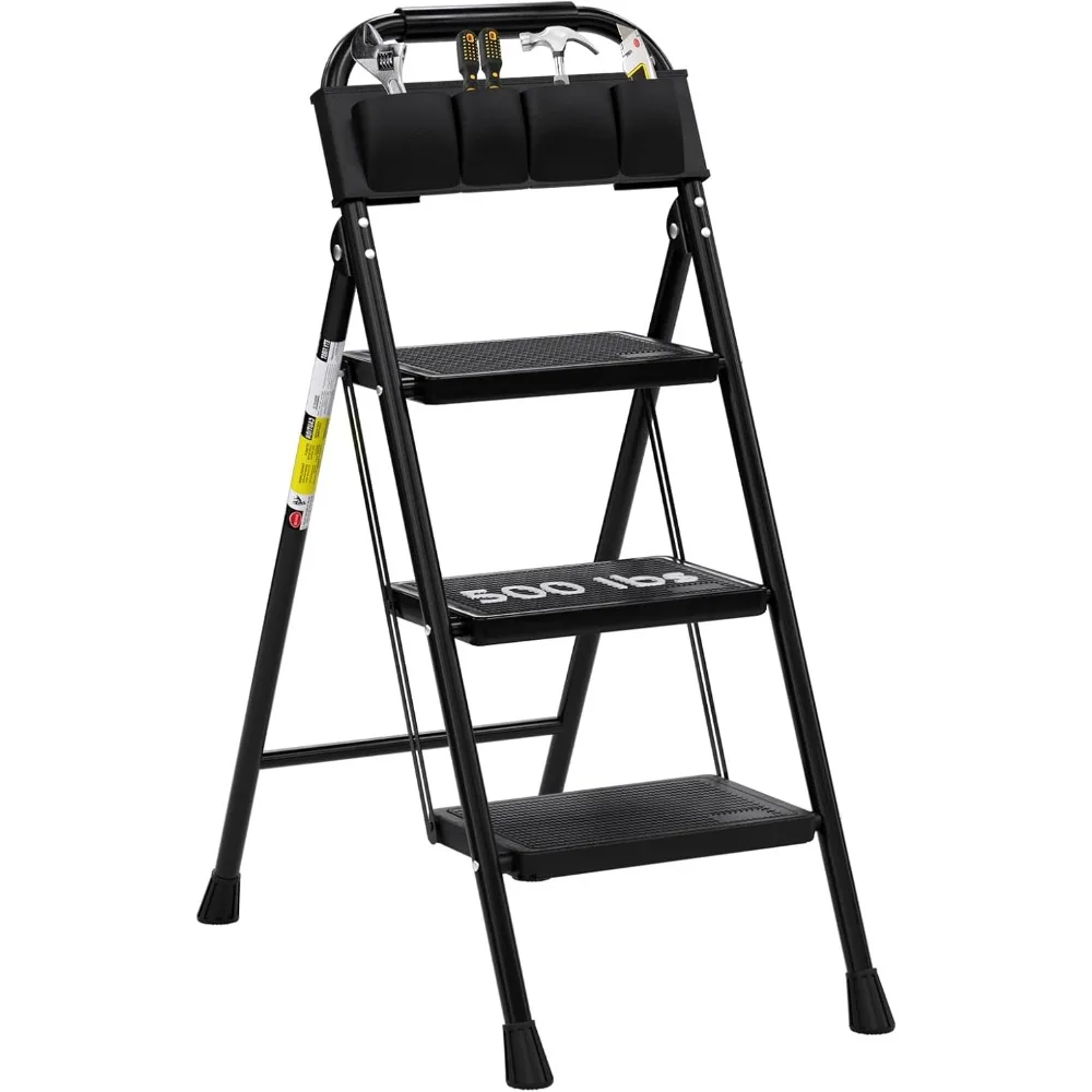 

3 Step Ladder Folding Step Stool with Wide Anti-Slip Pedal, 500 lbs Sturdy Steel Ladder, Convenient Handgrip