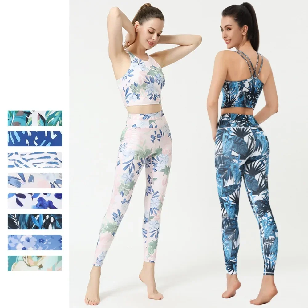 

Women's High-waisted Workout Suit Printed Yoga Suit Floral Vest High-waisted Fitness Tights Hip Lift Training Running Pants