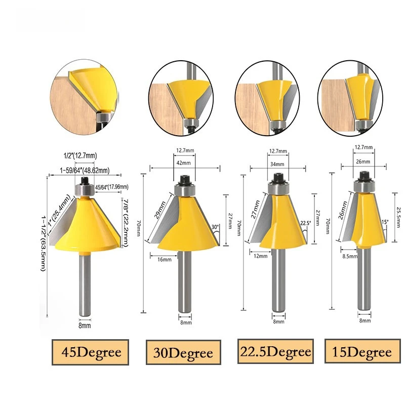 

8mm Shank Multi-Angle Chamfer Bit 15/22.5/30/45° Bevel Edge Cutter Wood CNC Tool Milling Cutter