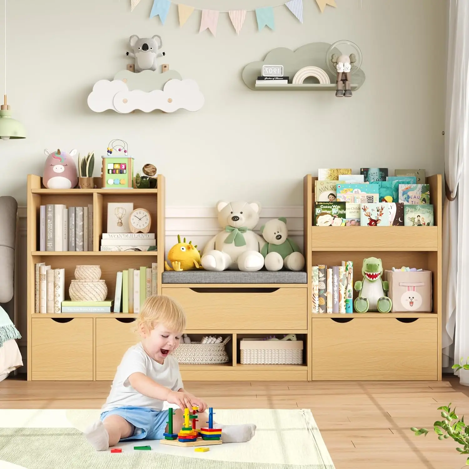 72' 어린이 책장(독서 공간 포함), 장난감 보관함(좌석 쿠션 및 서랍 3개 포함), 내추럴