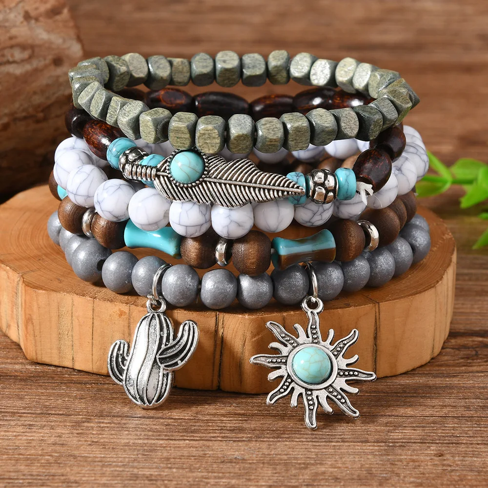 Bohemian Multilayer Bracelet Set Wooden Acrylic Pearl Beads with Horse Head Ethnic Jewelry for Women