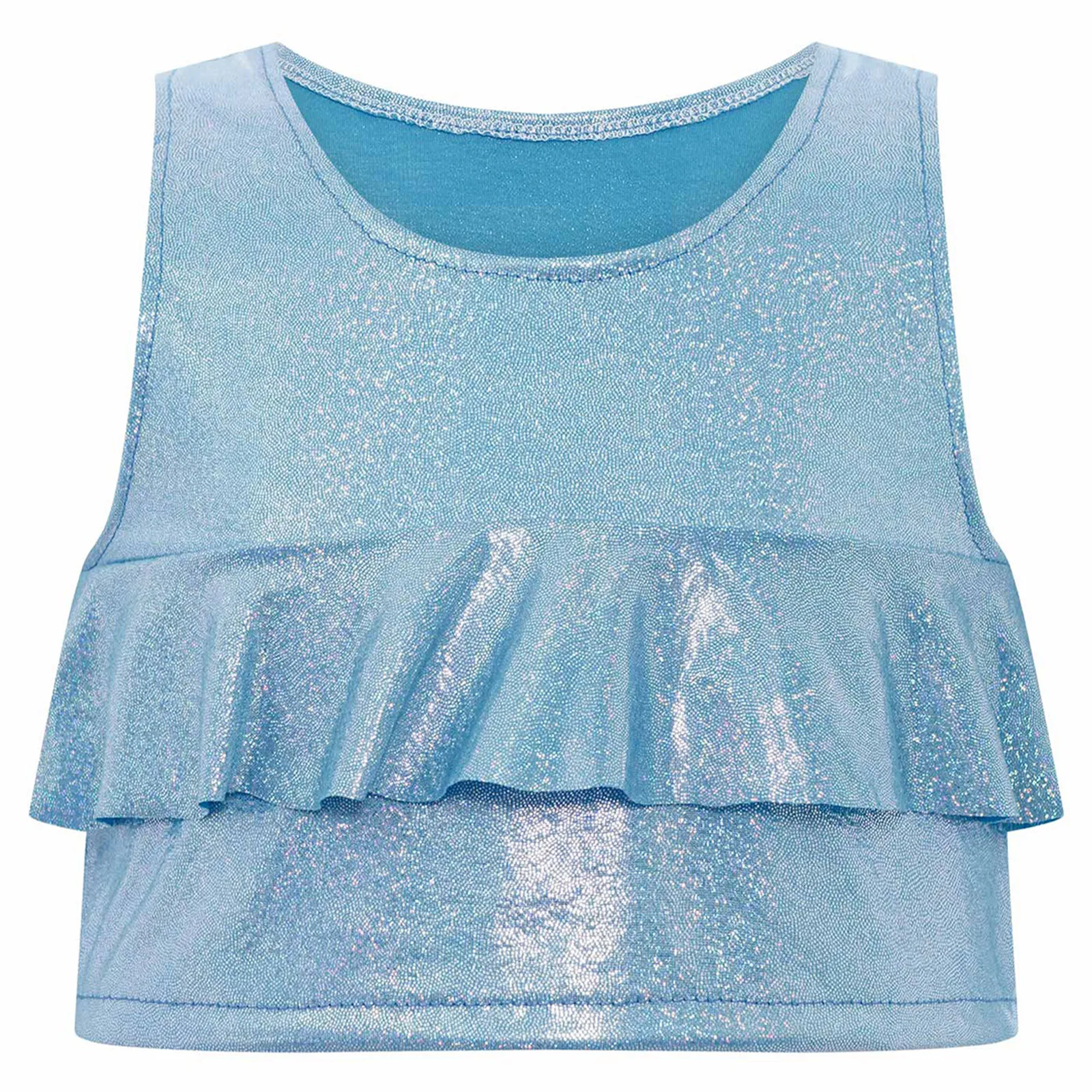 

Kids Girls Ruffles Metallic Vest Crop Top Round Neck Sleeveless Tank Tops for Cheerleading Hip-hop Jazz Dance Stage Performance