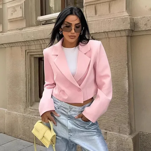 

Pink Autumn Women Suit Jacket Lapel Collar Double Breasted Spliced Short Coat Lady Temperament Casual Female Blazer