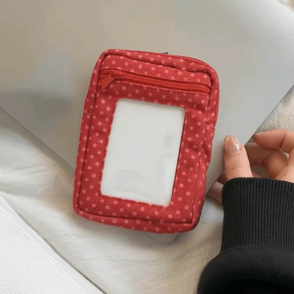 Red Polka Dot Coin Purse Retro Style Zippered Clear Window Pouch Canvas Fabric Lightweight Photo Display Bag Teens