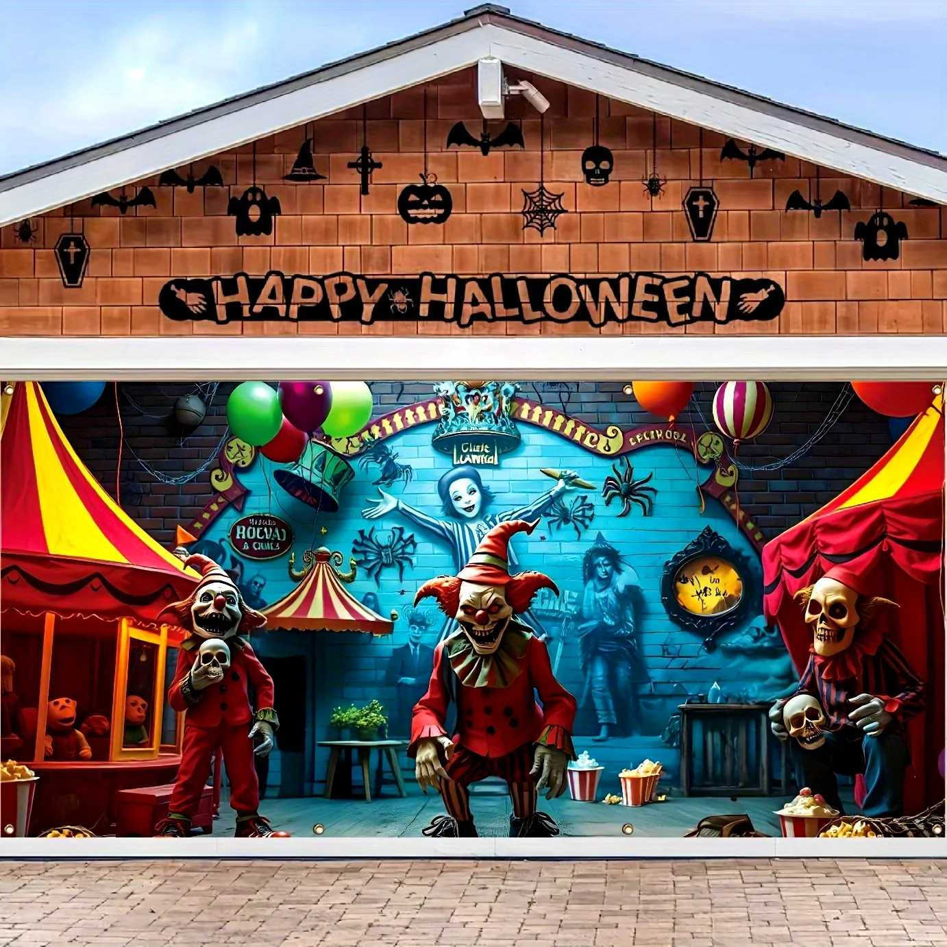 Geister-Halloween-Garagenbanner – Teufel-Clown-Zirkus-Thema, Party-Dekoration im Freien