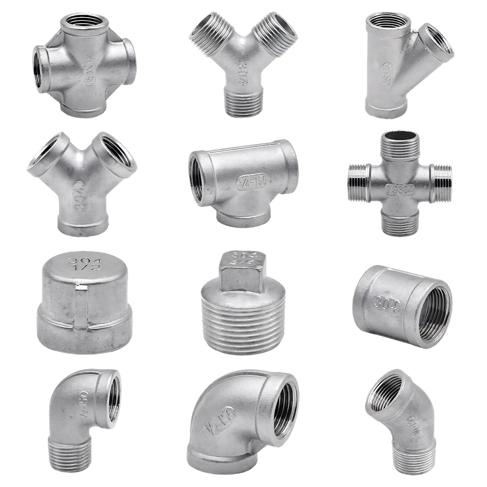 304 Stainless Steel Threaded Pipe Fitting Male Female Elbow 90°45 Tee Y Cross End Cap NPT BSPT 1/4