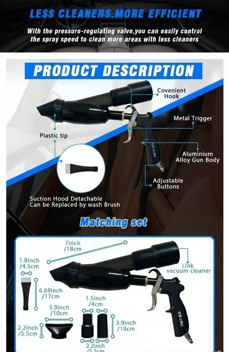 2-in-1 Car Cleaning Gun, Air Blow Gun & Vacuum Gun for Interior Detailing Dryer Blower For Tonador Gun