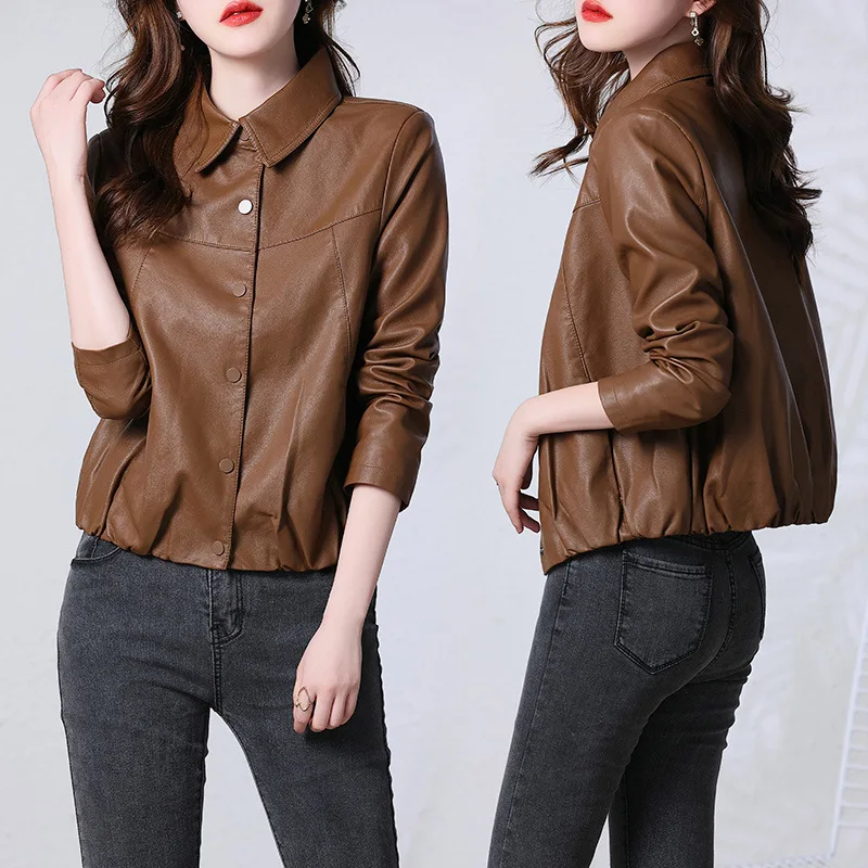 

high-end leather jacket, genuine leather sheepskin jacket, women's lapel top, short style, 2024 new spring and autumn