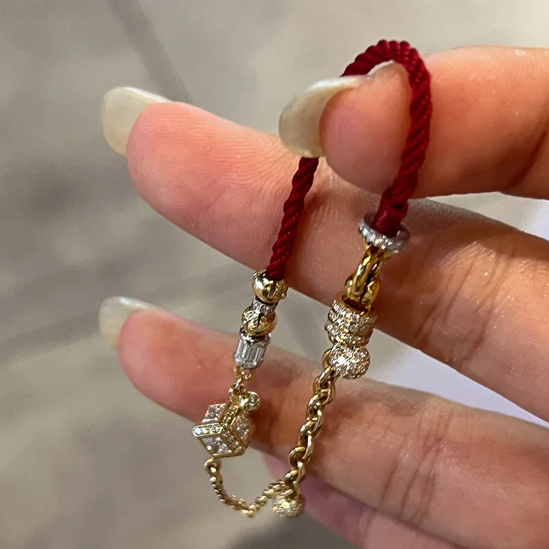 Classic retro sugar cube full diamonds Red woven rope bracelets for women light luxury and fashion  exquisite banquet jewelry