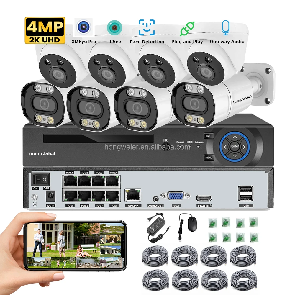 HongGlobal 4MP 8CH 2K grabadora de vídeo en red POE NVR juego de cámaras de seguridad para el hogar sistema de vigilancia IP sistema de cámara CCTV inalámbrico