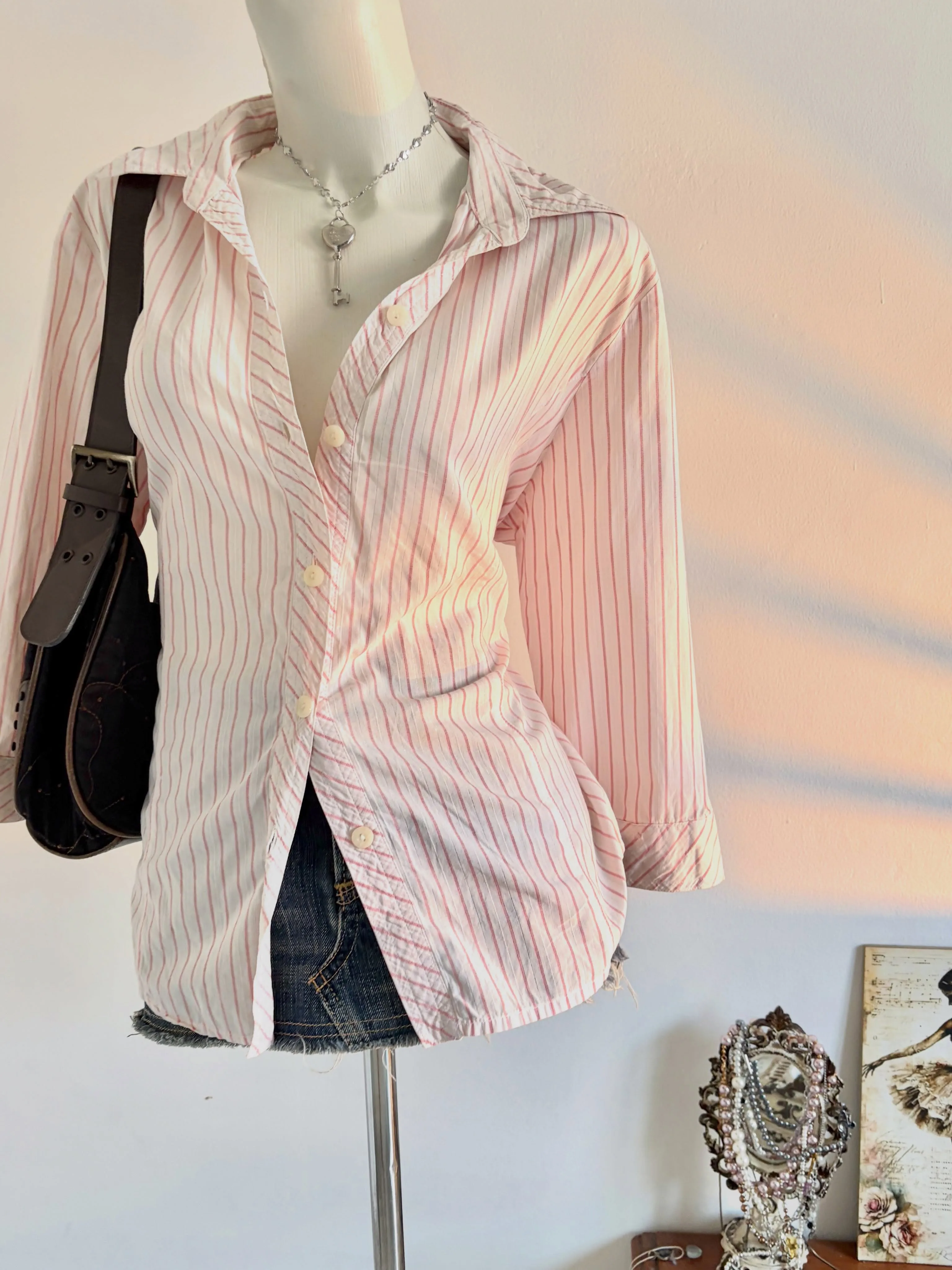 Y2K Coquette Pink White Striped Long Sleeve Shirt Women Drawstring Waist Lapel Slim Fit Vintage Blouse Tops