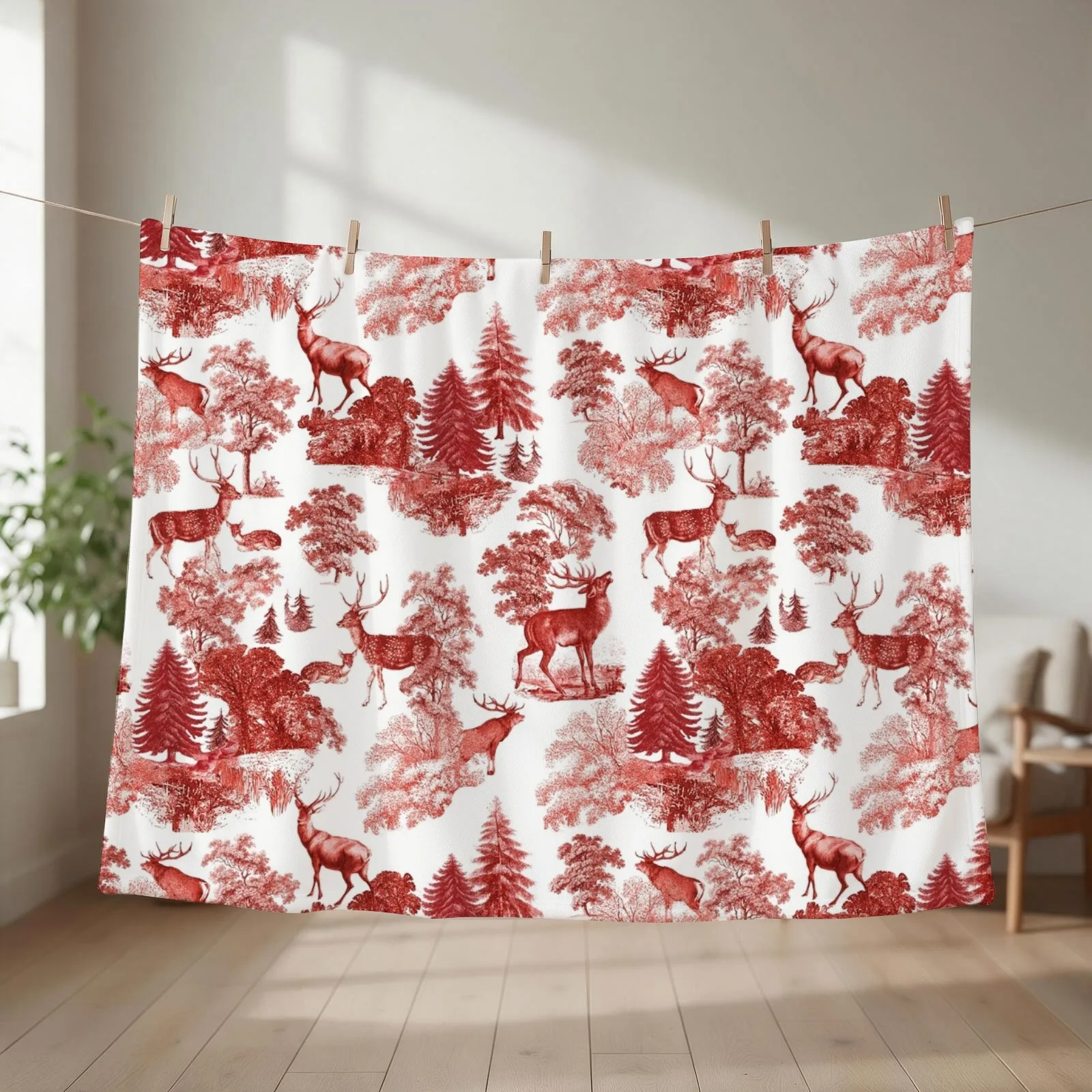 Elegant Vintage Red Deer Country Toile Throw Blanket