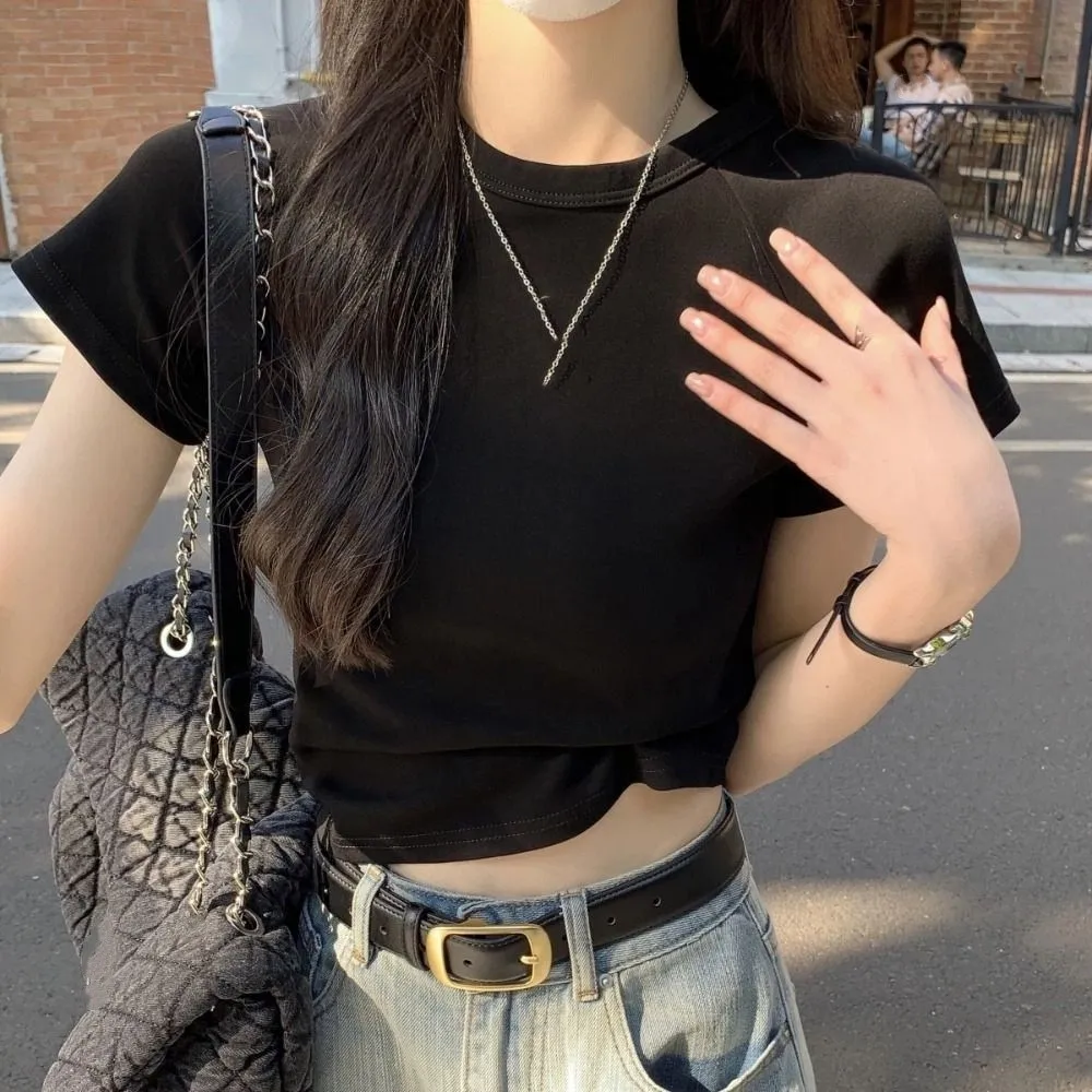 Urocza koszulka z krótkim rękawem w jednolitym kolorze, elegancki, dopasowany krój, krótki top w stylu Y2K, słodkie koszulki w stylu koreańskim dla kobiet i dziewcząt.