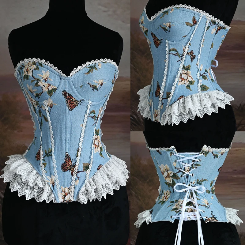 

Women's Printed Butterfly Lace Steel Bone Corset Bra Sexy Bustier Tops Shapewear Overbust Waist Cincher Lingerie