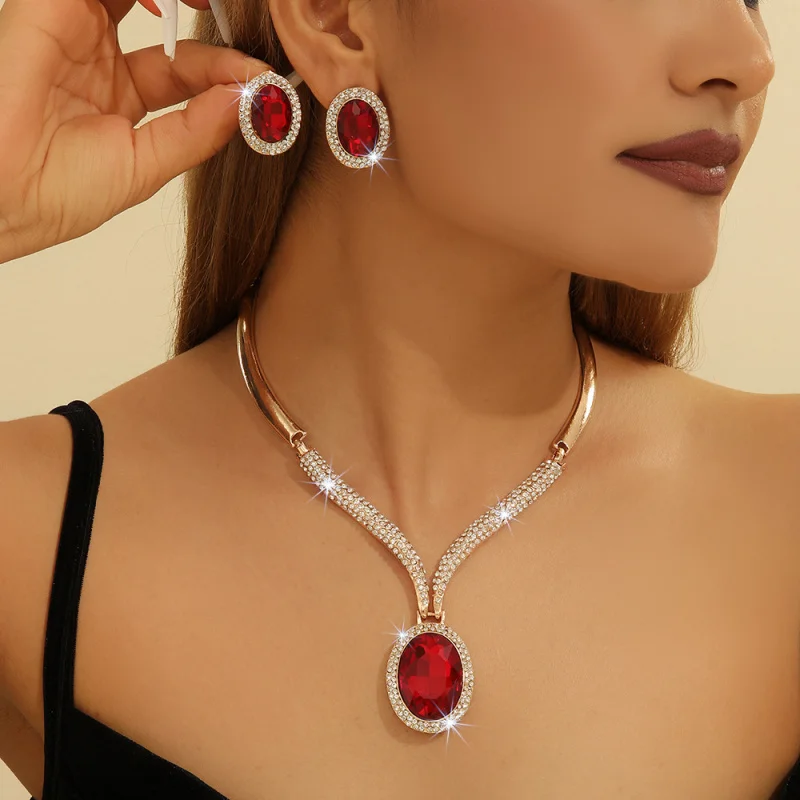 

Gold Zinc Alloy Inlaid White Rhinestone Red Crystal Necklace and Earring Set for Women Jewelry