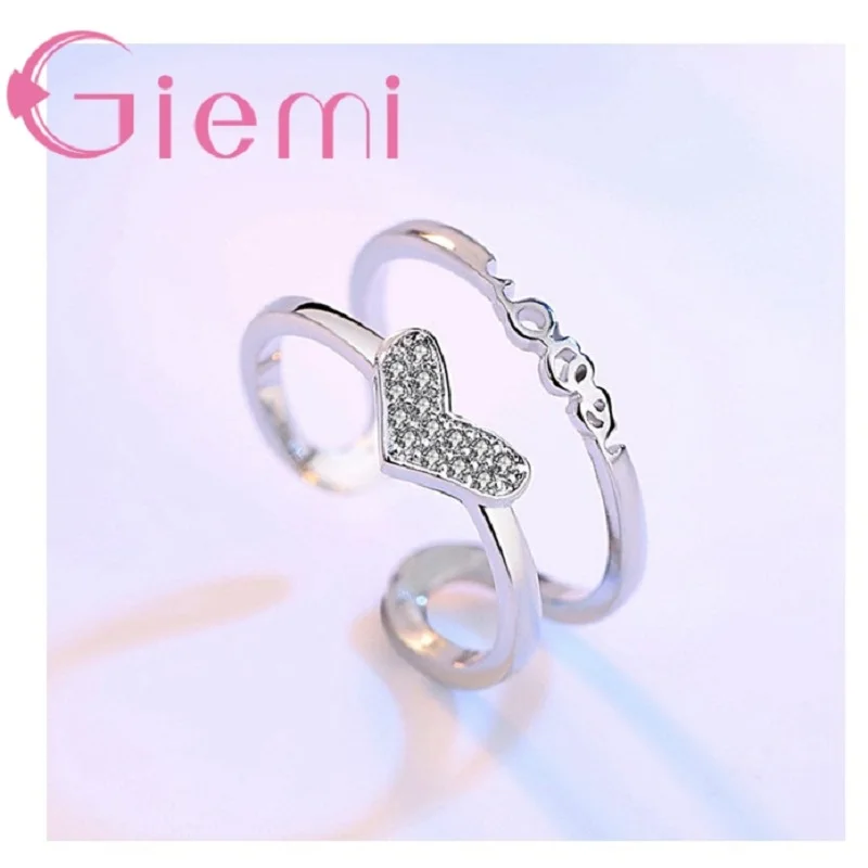

925 Sterling Silver Open Rings Romantic Love Heart CZ Adjustable Finger Ring for Women Girls Party Fashion Jewelry Gift