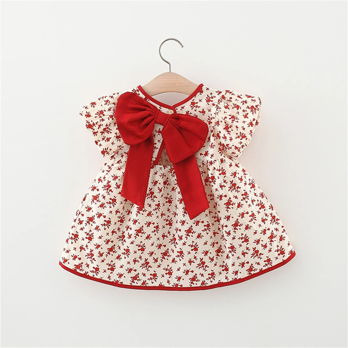 Summer baby girl\'s dress floral big bow decorative bubble sleeve knee-length daily cotton skirt