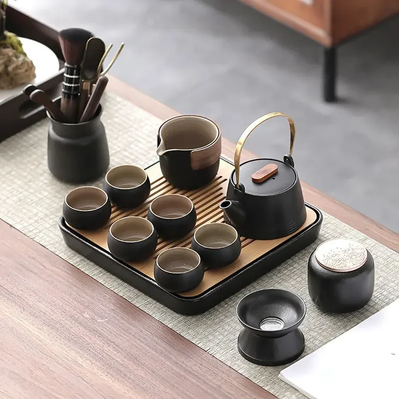 Luxury Chinese Style Kungfu Tea Set with Beams Ceramic Dry Tea Tray High-end Light Luxury Home Tea Sets Complete Set Gift Unique