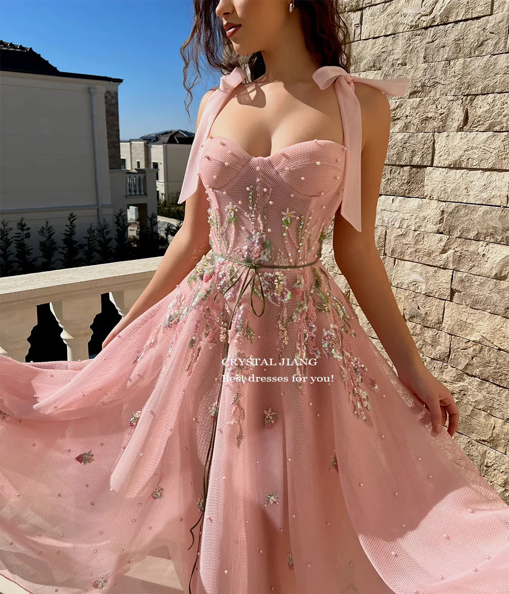 Pink Delicate Beaded Prom Dresses Spaghetti Straps A Line Lace Applique Custom Made Party Dresses vestidos para eventos especial