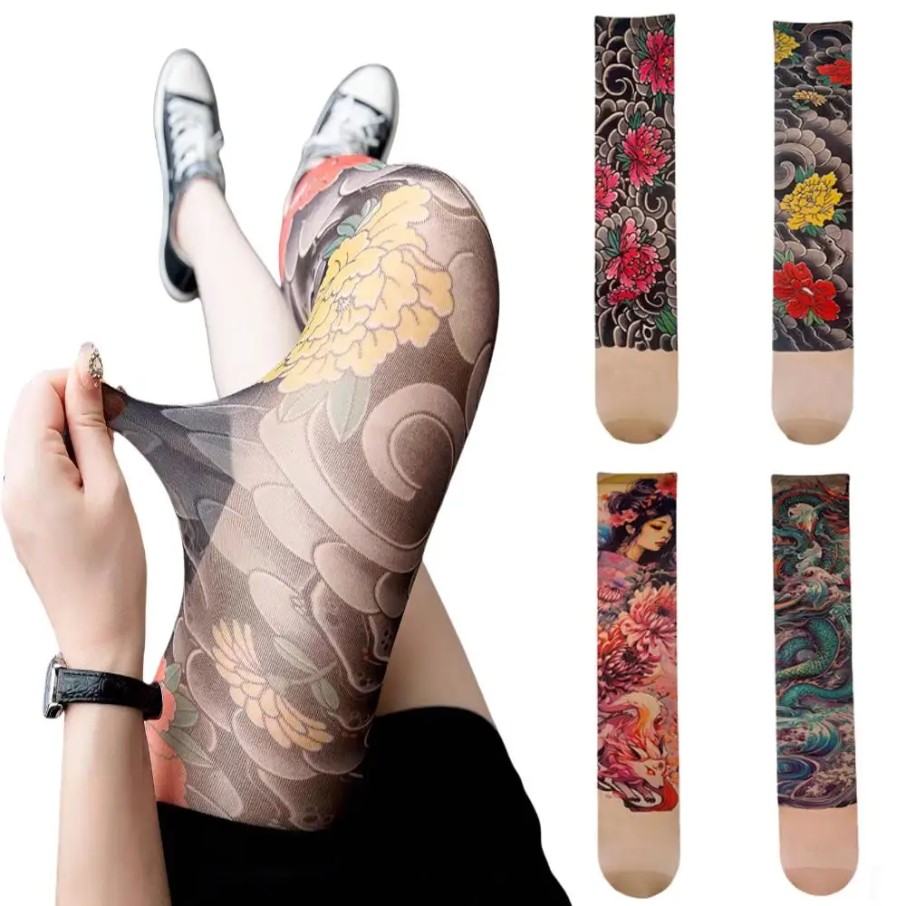 

Tattoo-Inspired Colorful Black Stockings Unisex Leg Fishnet Sexy Perspective Stockings Fashion Decorative Printing Legging