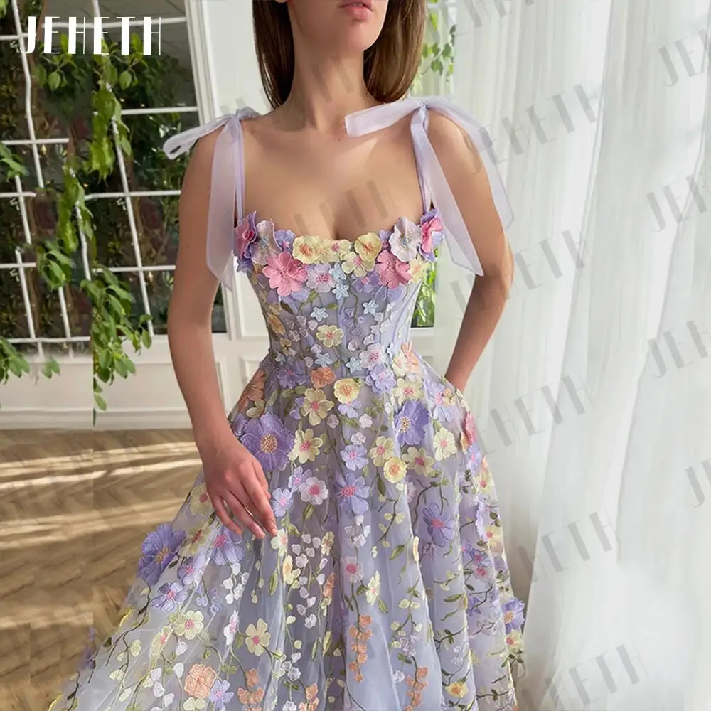 Purple Knee Lenght Party Dress Elegant 3D Flower Embroid Evening Dresses Spaghetti Strap Vestidos De Noche Sexy Prom Dress