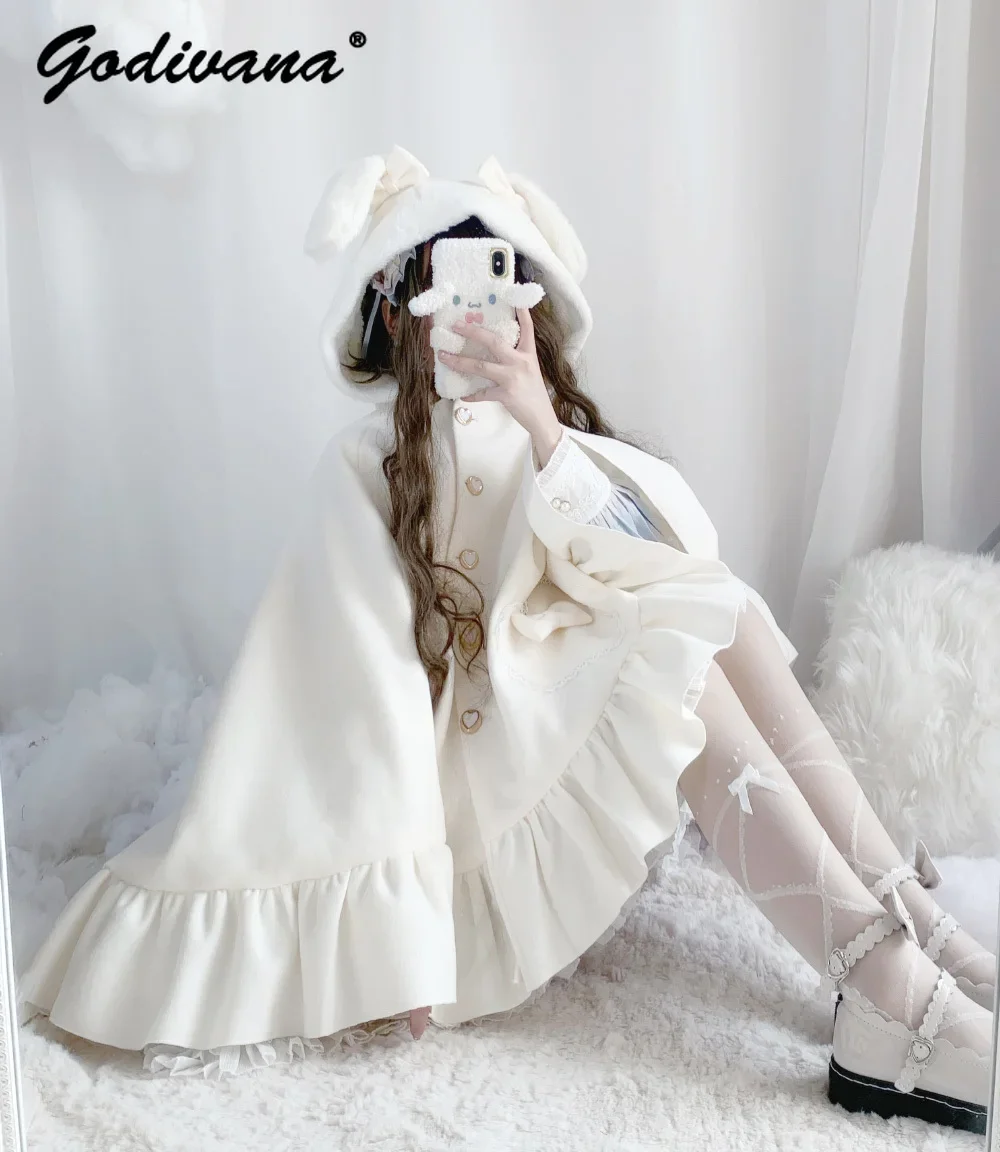 Original Rabbit Ears Thickened Fleece Cape Sweet Warm Female Girls Autumn and Winter White Hooded Lolita Poncho Coat