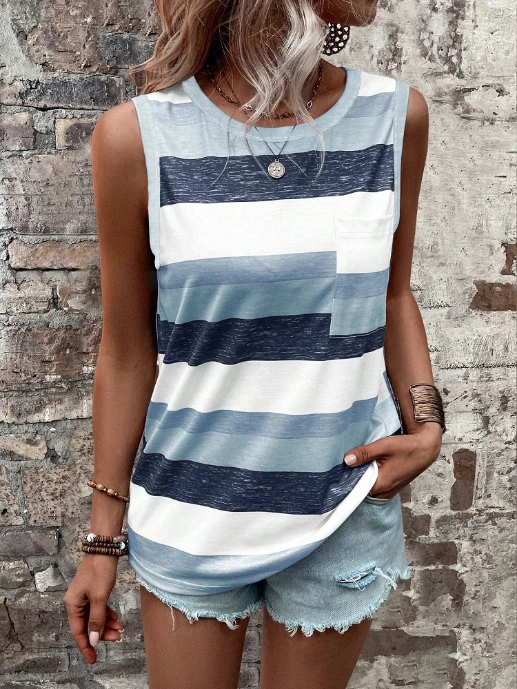 2024 Europe And The United States Summer New Cross-Border Women\'s Striped Button-Down Color Patch Bag Casual Vest T-Shirt