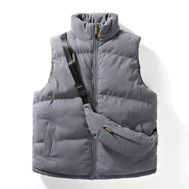 

Men Corduroy Vests With Bag Autumn Winter Warm Sleeveless Jackets Solid Color Male Stand Collar Zipper Waistcoat Sports Coats