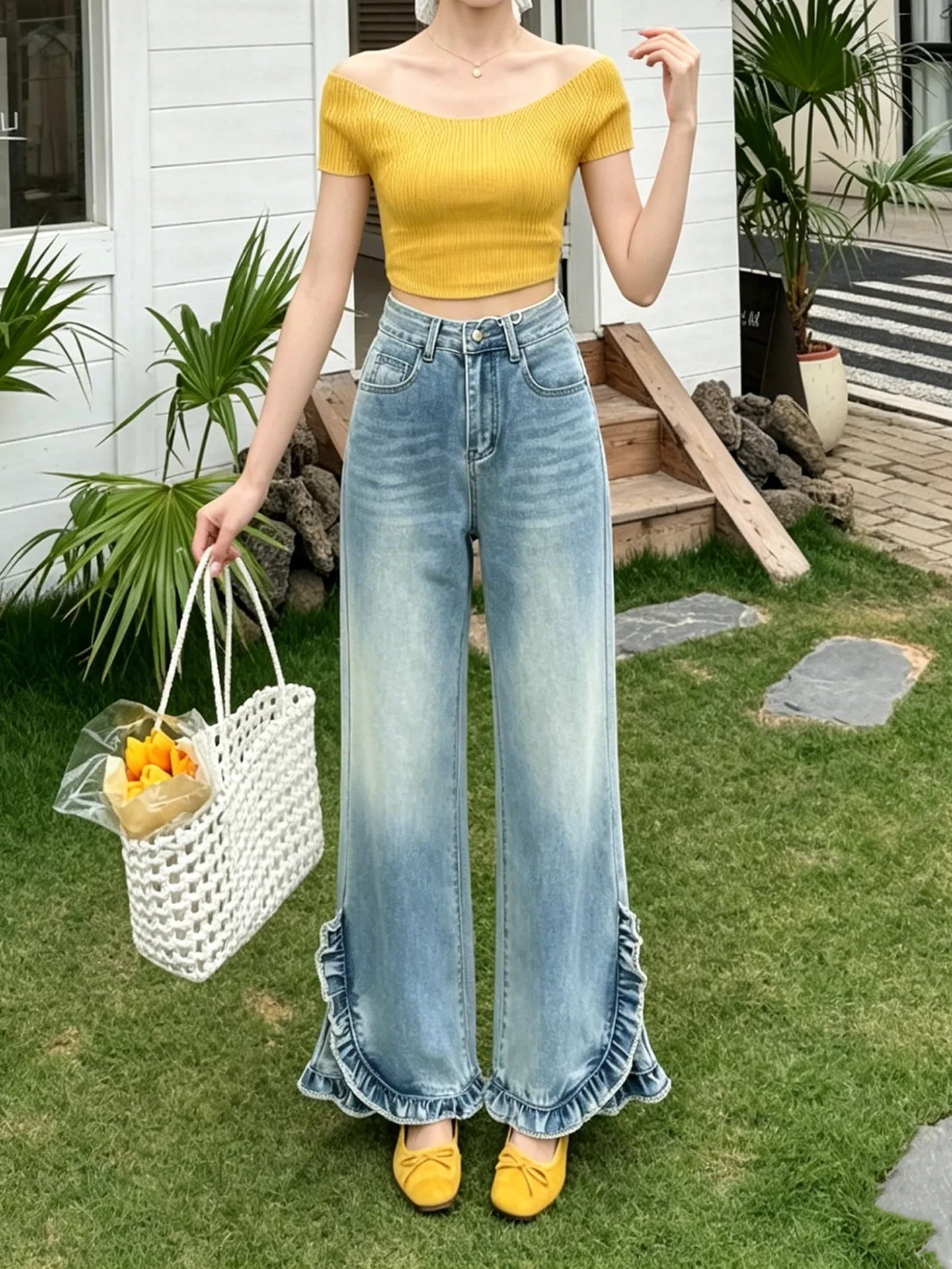 Korean Style Retro Ruffles Cropped Pants 2026 Women's Summer Versatile Casual High Waist Straight Jeans Fashion Pockets Trousers