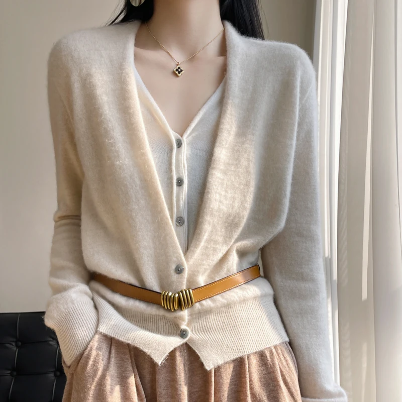 BELIARST 2023 Spring and Summer New Sweater 100% Pure Wool Knitted Fake Cardigan fFashion Korean Color Contrast Blouse