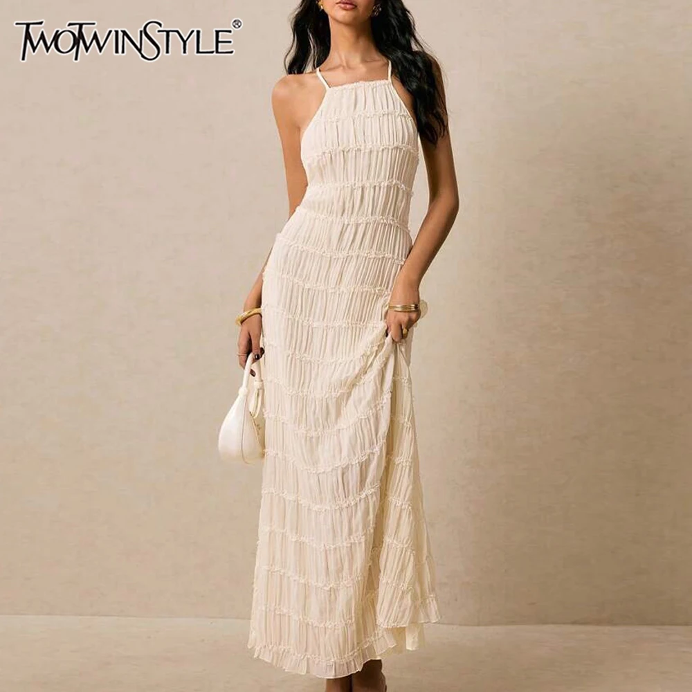 TWOTWINSTYLE Abiti casual a righe trasparenti dimagranti per le donne Abito senza maniche con scollo all'americana Moda femminile Nuovo